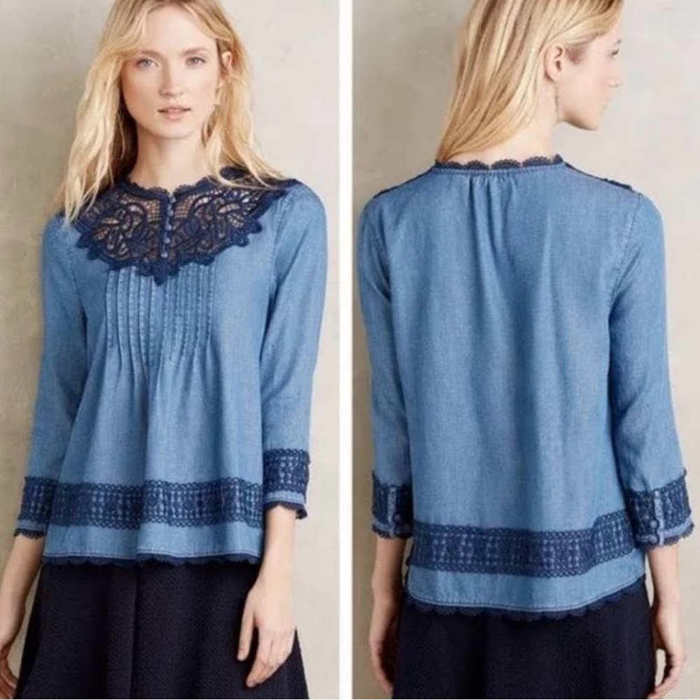 Anthropologie | Holding Horses Perra Lace Chambray Blouse
